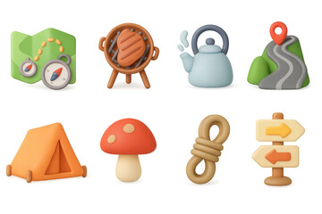 Fototapeta premium 3d camping icons: compass, bbq, kettle, hiking trail, tent, mushroom, rope, signpost