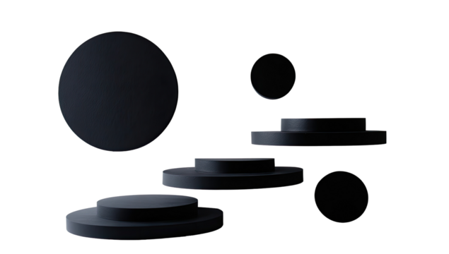 Dark, circular podiums arranged in a staggered stack, floating against a black background