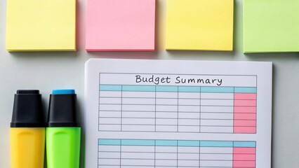 city+budget+meeting Budget summary with colorful sticky notes and highlighters arranged neatly on a table.