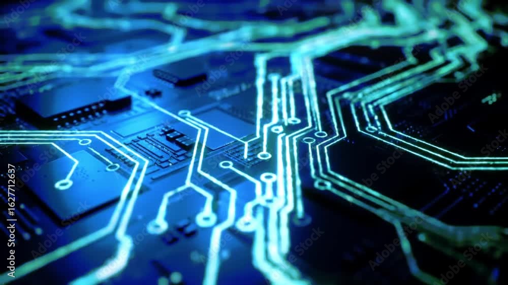 Poster abstract close-up of a glowing blue computer circuit board. digital technology and data transfer con