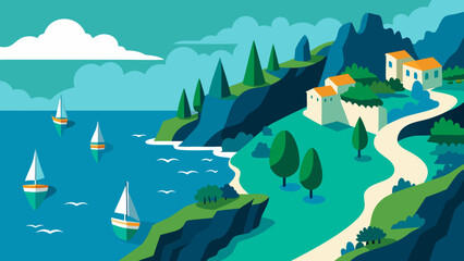 Flat illustration of Montenegro Adriatic coast scenic overview with sailboats, cliffs, trees and winding paths in textured 