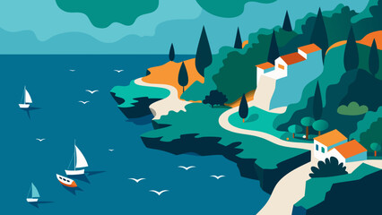 Flat design coastal landscape with sailboats, seaside houses, trees and cliffs under a cloudy sky in Mediterranean style
