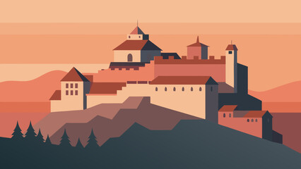 Flat illustration of a medieval castle on a hill at sunset with warm tones and stylized mountain landscape in the background