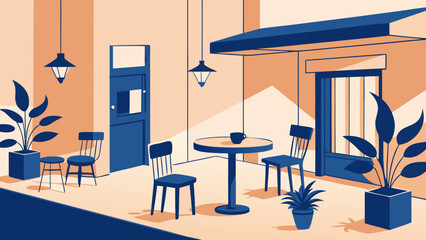 Flat illustration of a cozy outdoor café terrace with tables, chairs, potted plants and warm ambient lighting