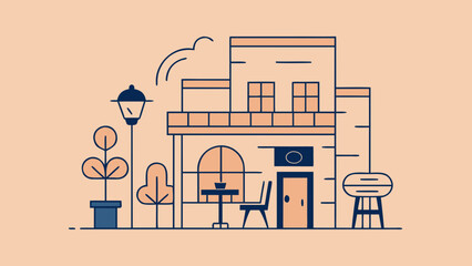 Minimal line art illustration of a cozy café exterior with outdoor seating, plants and streetlamp on a soft pastel background