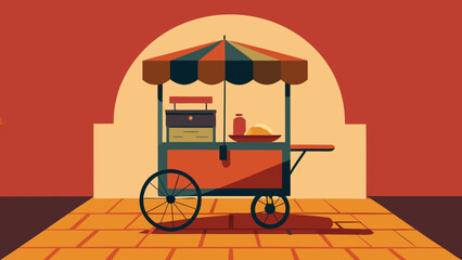 Flat illustration of a colorful street food cart with umbrella in front of an arched wall on a tiled pavement
