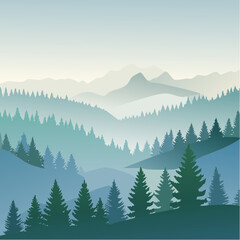 Misty landscape vector illustration with fir forest