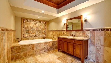 Beige bathroom interior with a tiled accent wall