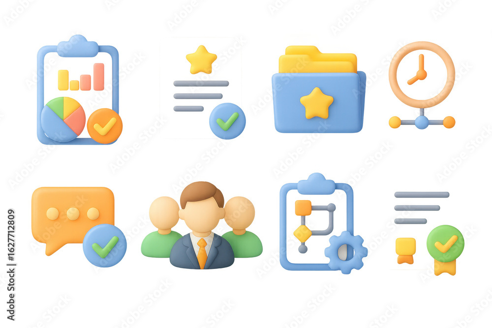 Poster 3d business icons collection with analytics, teamwork, and workflow elements
