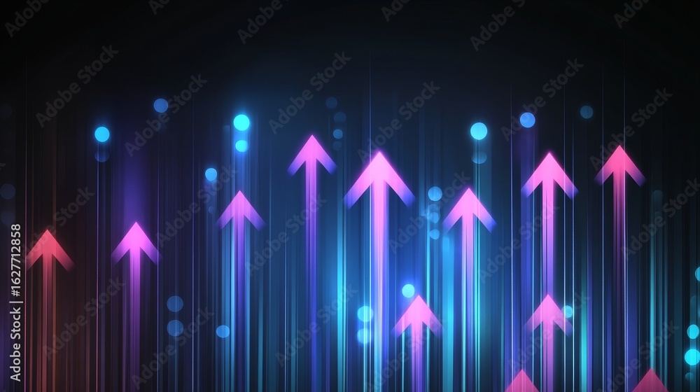 Poster abstract tech backdrop illuminates momentum in digital transformation with neon arrows of innovation