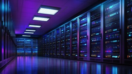 A Mesmerizing Data Center with Rows of Glowing Servers Showcasing Connectivity and Modern Computing