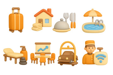 Colorful 3d travel and hospitality icons collection for vacation and tourism design