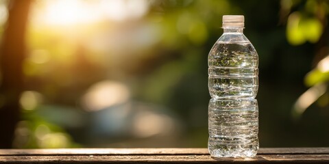 Plastic water bottle on wooden surface, blurred natural background