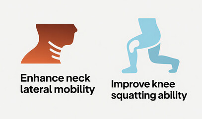 Enhanced lateral mobility of the neck, improved knee squat ability icon, flexible training of neck joints, enhanced knee function, rehabilitation and exercise training scenarios.