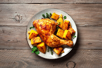 Roasted chicken quarter and pumpkin with garlic and herbs