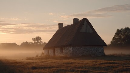Rustic cottage at sunrise, enveloped in morning mist