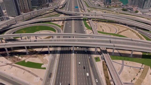 Dubai, UAE - 01 August 2025: Aerial view of the Sheikh Zayed Road interchange, a symphony of concrete and steel amidst the towering skyscrapers.