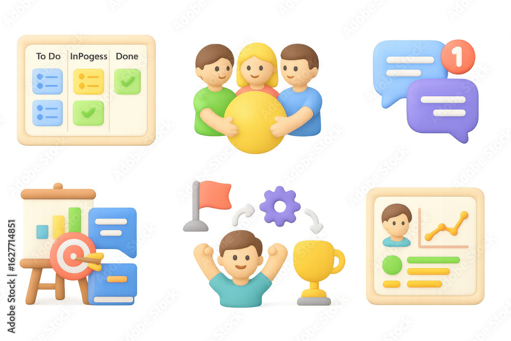 Poster 3d collaboration and project management icons with teamwork and analytics theme