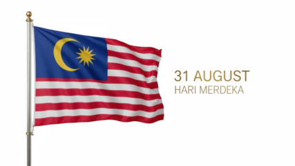 Malaysian flag waving on pole with text for Hari Merdeka celebration  