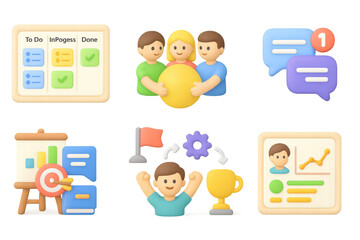 3d collaboration and project management icons with teamwork and analytics theme