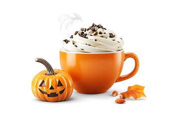 Halloween themed pumpkin spice latte coffee shop beverage cozy atmosphere close-up view seasonal delight