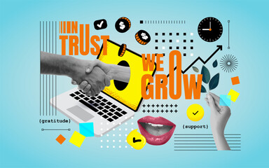 Trendy surreal collage poster with a positive business message. Vintage-style design featuring hands shaking, money coins, and corporate symbols, combined with retro textures. Vector