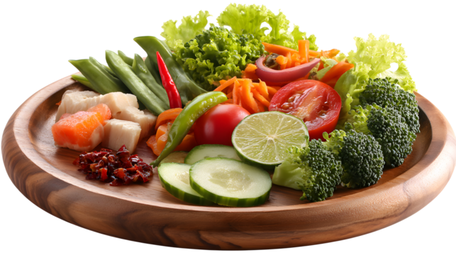 Cold meals and vegetables on wood plate isolated on a white backgroud