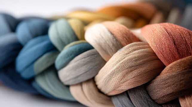 A closeup, shallow depth of field view of a thick braid made of colorful yarn in various shades of blue, green, beige, and terracotta