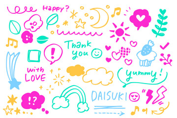 カラフル手描き感謝ドゥードゥル｜Thank you・ハート・音符・虹のポップ素材