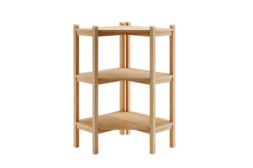 Light-colored wooden corner shelving unit