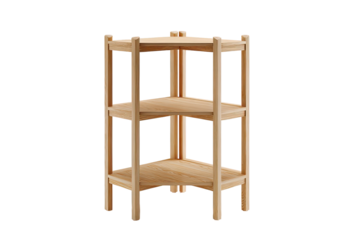 Light-colored wooden corner shelving unit