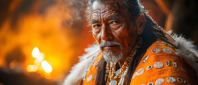 Portrait of Tlingit Elder in Abalone Button Blanket, Cedar Longhouse Firelight, Copper Accents, Woodsmoke Haze