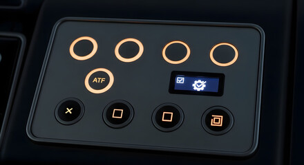 Fototapeta premium Detail of an advanced technology control panel with illuminated orange buttons and a digital settings screen, concept of a futuristic user interface.