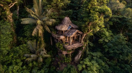 Solar powered treehouse nestled dense jungle canopy made of reclaimed wood natural material highlighting off grid eco living sustainable architecture tropical destination custom jungle background bird