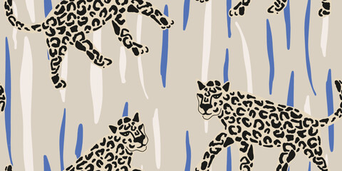Leopard Print with Blue and White Stripes Seamless Pattern