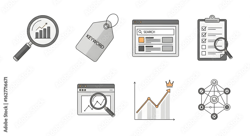 Poster set of line art icons for search engine optimization, web analytics, and keyword research. vector il