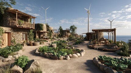 Sustainable coastal village built natural stone wood featuring wind turbine background communal organic garden foreground representing eco conscious seaside living custom coastal background human eye
