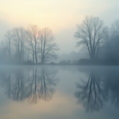 Obraz premium Misty lake reflecting bare trees in the water on a foggy morning scene