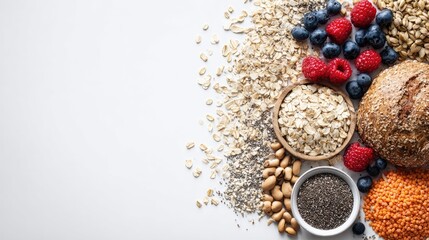 Fototapeta premium Healthy breakfast ingredients arranged on a white surface