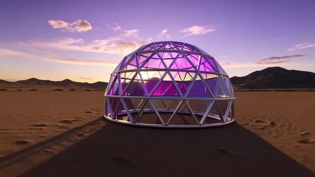 Futuristic geodesic dome structure in a desolate landscape under a twi