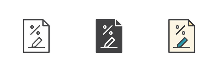 Fototapeta premium Document percent icon set in line, solid and filled outline style