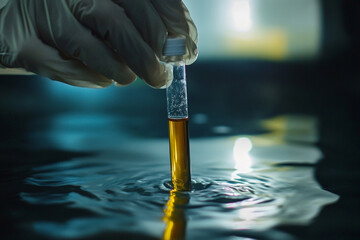 Scientist hands in gloves holding test tube with chemical liquid