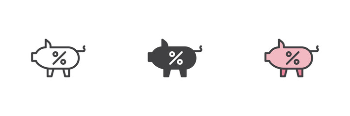 Piggy bank icon set in line, solid and filled outline style