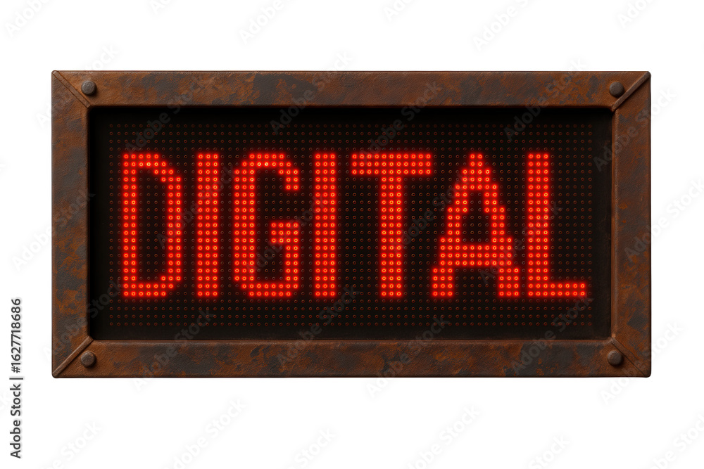 Poster illuminated digital signage with red led text displayed in a rusted metal frame