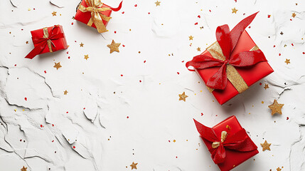 Red Christmas gift box with ribbon and bow decoration on a winter holiday background