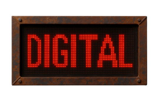 Illuminated Digital Signage with Red LED Text Displayed in a Rusted Metal Frame