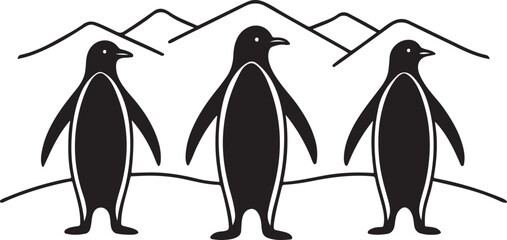 Obraz premium Three black penguins standing in a line with mountains in the background animal wildlife