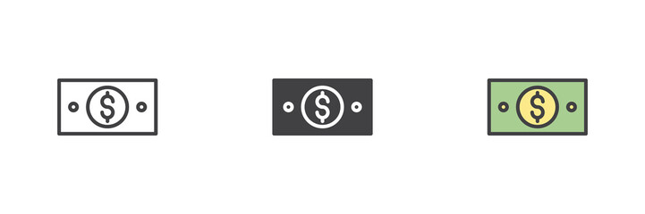 Banknote icon set in line, solid and filled outline style