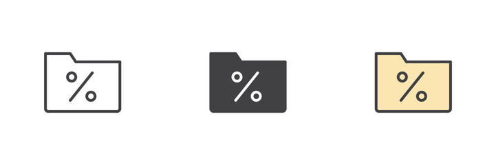 Folder percent icon set in line, solid and filled outline style