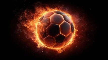 Naklejka premium A burning soccer ball glows with intense flames against a stark black background